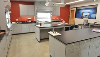 A modern laboratory featuring gray cabinets, black countertops, and colorful walls, equipped with sinks and workspaces for experiments.