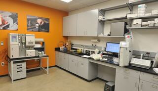 A modern laboratory with gray cabinets, lab equipment, a computer setup, and an orange accent wall, designed for scientific research.