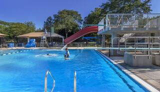A vibrant swimming pool features a diving board, water slide, and sunlit surroundings, perfect for recreational enjoyment.