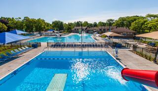 A vibrant pool area features multiple swimming pools, a diving board, and a thrilling water slide amid lush green trees and sunny skies.
