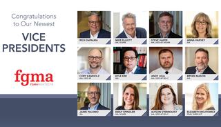 A congratulatory announcement features headshots of new vice presidents at FGMA Architects, showcasing their achievements and roles.