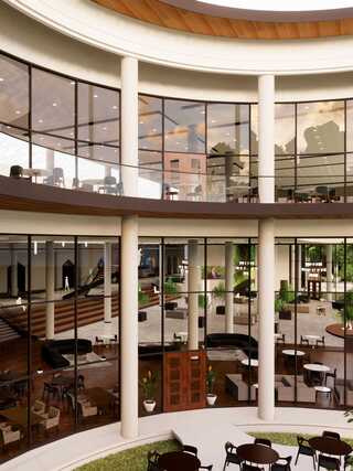 A modern atrium with multiple levels, large glass walls, open seating areas, and greenery creating a vibrant, inviting atmosphere.