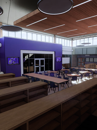 A spacious, modern classroom with wooden furniture and large windows, featuring a purple wall and school logos, creating an inviting atmosphere.