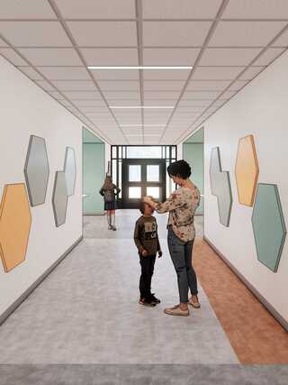 A mother adjusts her child's hair in a modern hallway adorned with hexagonal wall art, while another child walks in the background.