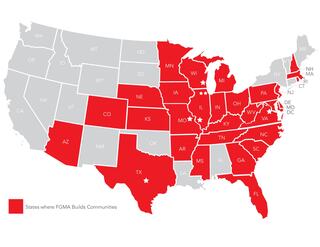 A U.S. map highlighting states in red where FGMA builds communities, with unhighlighted states in gray.
