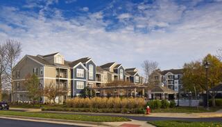 Modern apartment building with landscaped greenery, surrounded by trees and a clear blue sky, exuding a tranquil suburban atmosphere.