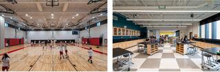 Middle school gymnasium with movable red bleachers that are tucked into the walls and students playing basketball. Image 2: new science lab featuring large checkered white and grey floors