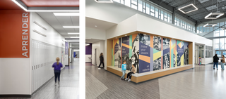 A modern school interior features colorful walls, lockers, and students in a welcoming, spacious environment promoting engagement and learning.