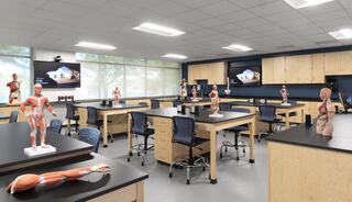 A modern anatomy classroom features anatomical models, spacious workstations, and large windows for natural light, enhancing the learning environment.