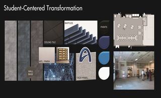 An interior design concept board showcasing materials and design elements for a college esports arena, including color samples, material examples and room layout.