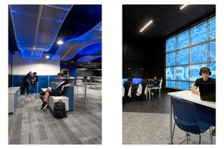 Two modern college esports arenas; the first at Southwestern Illinois College features flexible seating, storage, blue overhead lighting, students engaged in various activities, and collaborative workspaces. The second at St. Louis Community College features one student playing on a laptop at a counter-height table with additional students in the background playing on desktops at a shared table, with a large, branded window covering on back wall.