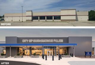 Two images. The one on top shows an abandoned grocery store facade, and the bottom image is a completed renovation - adaptive reuse - of the building to make it the Oconomowoc, WI Police Department.