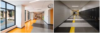 Two school hallways; one on the left features large windows looking out onto a school playground and orange painted block on the floor; the second features a long hallway filled with lockers on the right wall and a stretch of yellow painted line on the floor.
