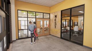 Rendering of Austin Independent School District's Houston Elementary School early childhood area entry themed "Nest" with clear vertical signage and warm, yellow and green tones.