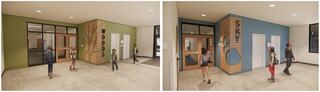 Two school entry area renderings for Austin Independent School District's Houston Elementary School: one themed area labeled as "Woods" with green walls and neutral design accents, the other labeled as "Sky" with blue walls and neutral accent details. Kids are coming and leaving the space.