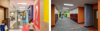 Brightly colored school hallways showcase students walking, with vibrant walls of different colors, one with a large number 2 indicating a specific grade level for ease of wayfinding.
