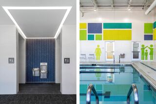 Two images. One features the entry to mens and womens bathrooms with a bold rectangular lighting overhead, bathroom signs on each side indicating which restroom is for men and women. The other images shows an indoor lap pool with green, yellow, blue and teal acoustic wall baffles and large colored graphic of universal symbols indicating a women's bathroom and family bathroom.