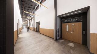 Interior rendering of Collinsville Area Vocational Center in Illinois featuring bright white and neutral wood toned walls, black accents and bold names for each classroom for easy navigation.