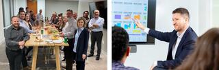 Group of employees gathered around a tall table at the FGMA Austin's office PK-12 Design Happy Hour, and a second image showing Josseph presenting a timeline or schedule in front of an audience