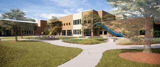 Rendering of Austin Independent School District's updated Langford Elementary School courtyard designed by FGMA (FGM Architects).