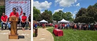Speaker at groundbreaking ceremony for new Staunton School District high school and a wide view of the attendees at the groundbreaking on a sunny day.