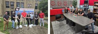 First Image shows project team (including FGMA Regional Manager Kevin Meyer) standing in front of Staunton High School with shovels in hand, ready for ceremonial groundbreaking. Five team members at FGMA sitting around a table at Staunton High School (in Illinois) during their groundbreaking ceremony on June 28, 2025.