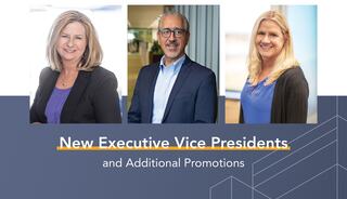 Three portrait images of new executive vice presidents at FGMA appointed in 2025: Jan Behounek, Jaime Palomo and Elizabeth Wojtowicz. Copy underneath reads, "New Executive Vice Presidents and Additional Promotions"