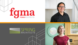 Two portraits of architects, one in a black shirt and glasses, the other in a red top, accompanied by their firms' logos and names.