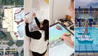 Four vertical images showing multiple phases of community planning for architecture, including master planning, community input and engagement, drawings and renderings and finally a young girl enjoying the finished project (in this case, a pool).