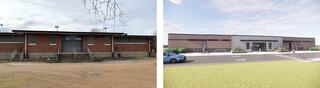 Two images; one of existing conditions at Pop Myles Pool facility in East St. Louis, and a second showing a rendering of the renovated facility designed by FGM Architects