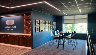 Interior of St. Charles Community College's new Center for Immersive Learning featuring partner Dreamscape Learn's virtual reality learning programming.