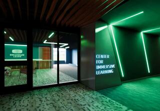 Interior rendering of new Center for Immersive Learning at St. Charles Community College, designed by FGM Architects, featuring colorful LED lights in a hallway that leads to the Dreamscape Learn virtual reality explorer's lounge