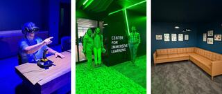 First image: young man sits at a virtual reality college classroom desk with a VR headset on, pointing to something he can see in his VR environment; second image shows the FGM Architects team posed, smiling in the new Center for Immersive Learning lit by green LED lights; third image features the cozy seating area in the center's explorer's lounge, with caramel colored couch and dark teal painted walls