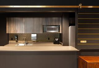 Details of a modern, bold kitchenette design at the Students Assembly at The Austin Stone West church campus