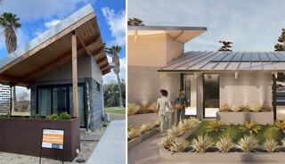 Two images; one shows the Solar Future House built and finished; the other features a rendering of the solar futures house entrance at dusk with landscaping and lighting, a sloped roof with solar panels on top
