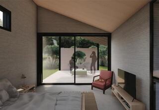 Interior rendering of the Solar Futures House designed by Woodbury University architecture students, including FGMA's Mahmoud Hassan. Interior features tall sloped roof, expansive floor to ceiling windows, and a cozy bedroom area.