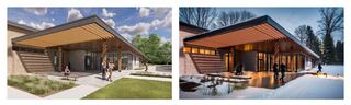 Two renderings of a modern building, one showcasing a sunny daytime setting with visitors, the other depicting a snowy evening scene with warm lights.