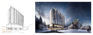 A detailed AI-enhanced architectural rendering from Veras shows a modern, multi-story building set in a snowy landscape, alongside its original sketchsketch.