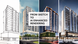 Title: From Sketch to AI Enhanced Rendering; showcasing four vertical image strips in all phases of design: quick sketch, colored sketch, AI enhanced rendering on a stormy night, AI enhanced rendering on a snowy morning.