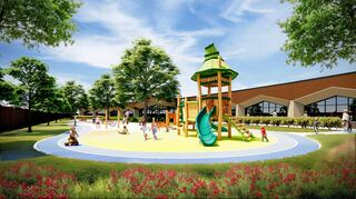 Playground rendering with children playing outside and on the equipment to bring life to the image and provide scale and context.