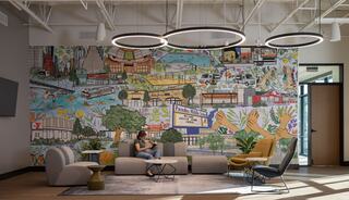 A vibrant mural showcases local landmarks and culture, complementing a modern lounge with stylish furniture and elegant lighting.