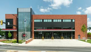 Front facade of new fire station no. 8 for Arlington County Fire Department, designed by FGM Architects