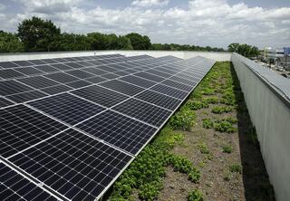 Rooftop solar panels at the new Arlington County Fire Department Station No. 8 support the station in its goal to achieve LEED Gold certification.
