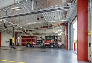 A fire engine sits inside a three-apparatus bay in the new Channahon Fire Protection District Station No. 2