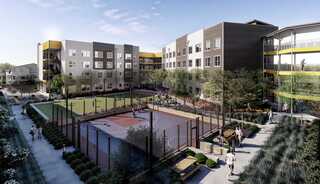 A modern affordable housing residential complex with outdoor recreational areas, featuring courts, pathways, and green spaces, creating a vibrant community atmosphere.