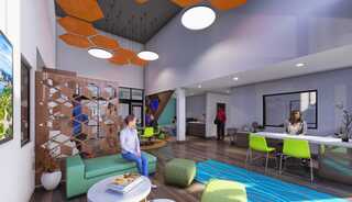 A modern, leasing space featuring vibrant furniture, a cozy seating area, innovative lighting, and a welcoming atmosphere for interaction.