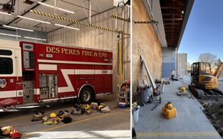 Two images showing the construction renovation progress of the Des Peres public safety facility in St. Louis County, Missouri