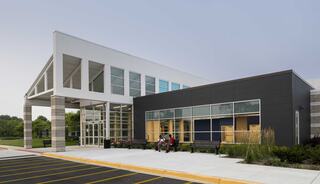Bolingbrook Recreation & Aquatic Center (BRAC) exterior, upgrades designed by FGM Architects (FGMA).