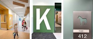 Three images: 1) children holding lunch boxes walking down a hallway in line, with a large number 1 on a yellow block and another large number 2 on a blue block on the walls; 2) a large K on a green section of a school wall; 3) a metal wall sign with a cutout of a horse, teacher name and 412 numbers.