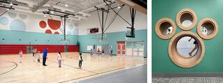 Image 1) young children and teacher in a gymnasium with light blue and red animal paw motifs on the walls; Image 2) teal painted wall with wooden circular cutout of animal paw motif